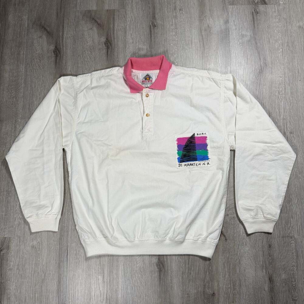 Womens Vintage Bye-Bye Caribe St. Maarten 1989 White Long Sleeve Polo Sweatshirt